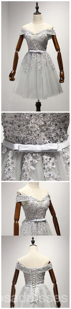 Off Shoulder Gray Lace Cute Homecoming Prom Dresses, Affordable Short Party Prom Sweet 16 Dresses, Perfect Homecoming Cocktail Dresses, CM333