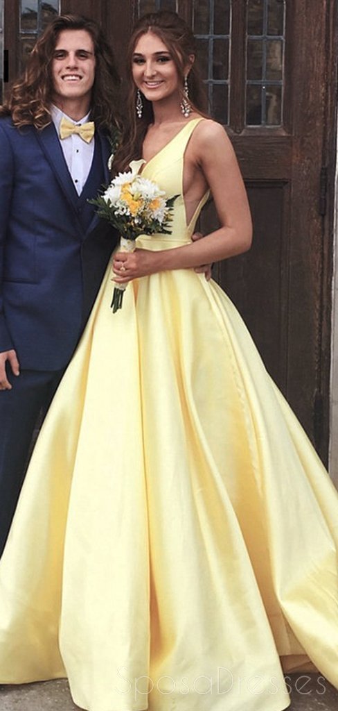 Cheap Yellow V-Neck A-line Long Evening Prom Dresses, Cheap Party Custom  Prom Dresses, 18616