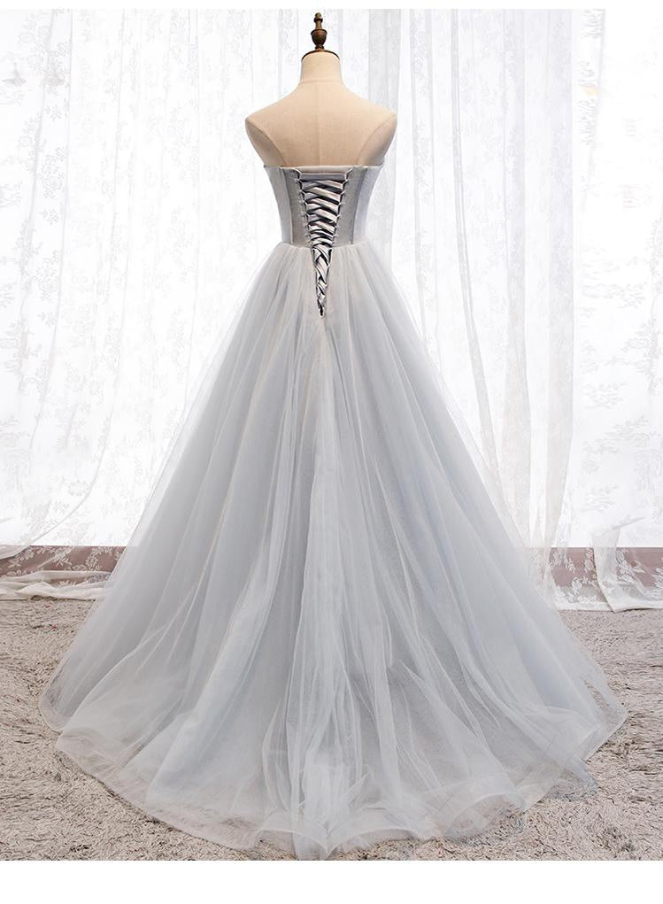 Scoop Grey Tulle A-line Cheap Long Evening Prom Dresses, Sweet 16 Prom Dresses, 12360