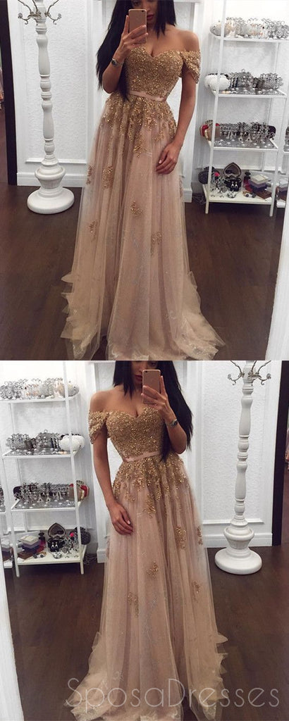 Off Shoulder Gold Lace Beaded Long Evening Prom Dresses, Popular Cheap Long Custom Party Prom Dresses, 17329