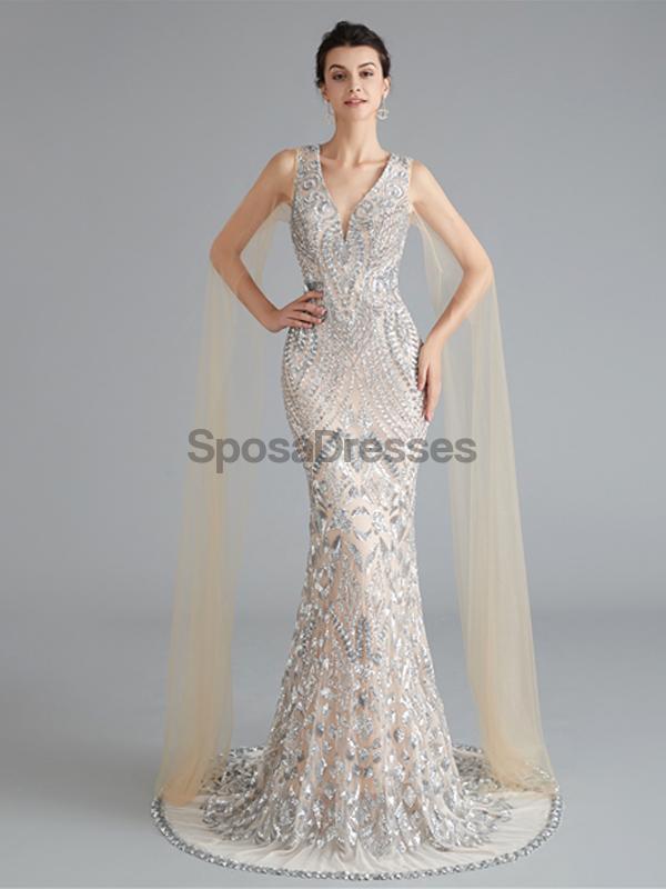 V Neck Unique Sleeves Mermaid Sequin Evening Prom Dresses, Evening Party Prom Dresses, 12118