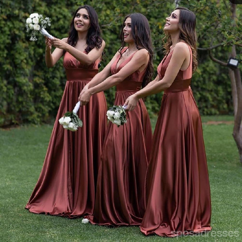 Simple A-line Chocolate V-neck High Slit Cheap Long Bridesmaid Dresses Online,WG1167