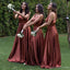 Simple A-line Chocolate V-neck High Slit Cheap Long Bridesmaid Dresses Online,WG1167