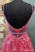Hot Pink A-line Spaghetti Straps V-neck Cheap Long Prom Dresses Online,12810