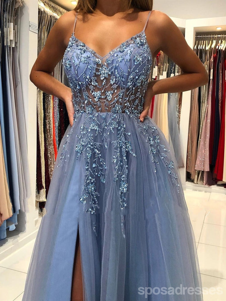 See Through Dusty Blue A-line Spaghetti Straps High Slit Long Prom Dresses,12940