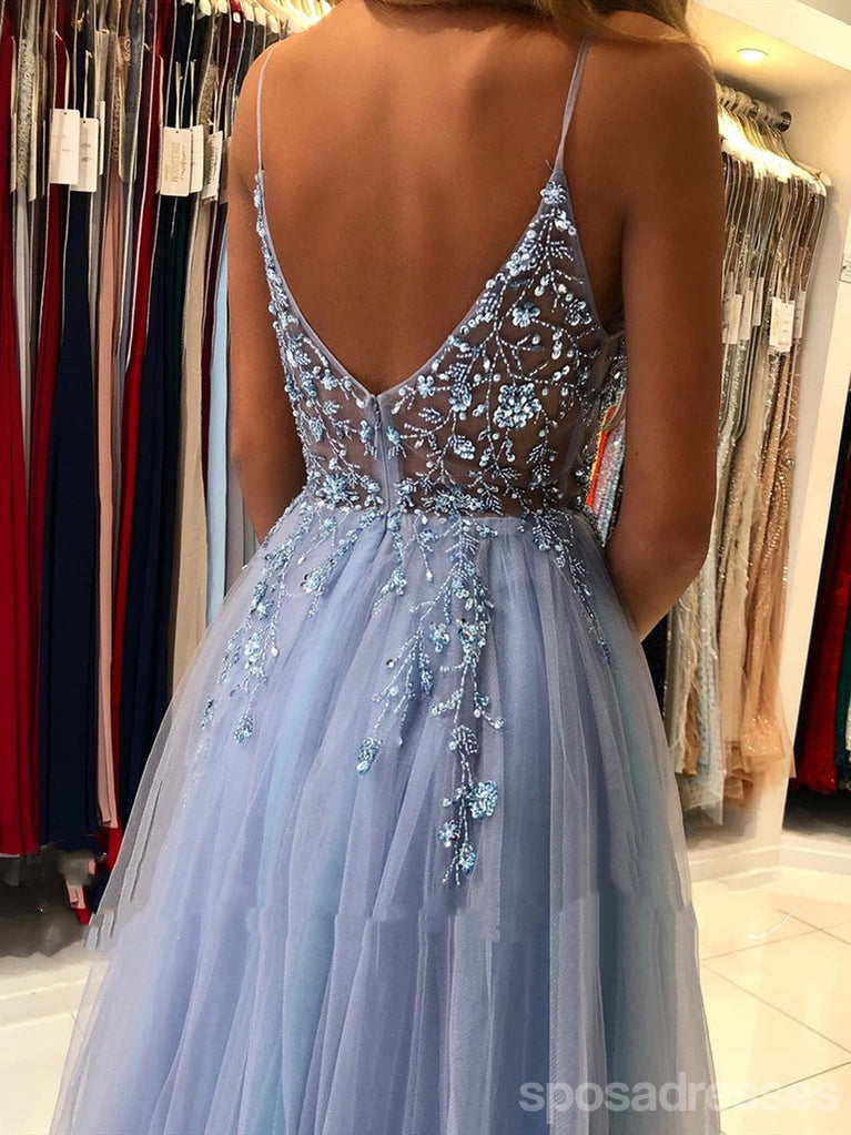 See Through Dusty Blue A-line Spaghetti Straps High Slit Long Prom Dresses,12940