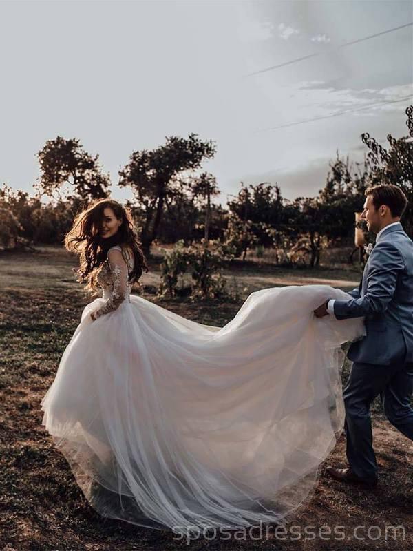Long Sleeves See Through A-line Long Wedding Dresses Online, Cheap Bridal Dresses, WD536