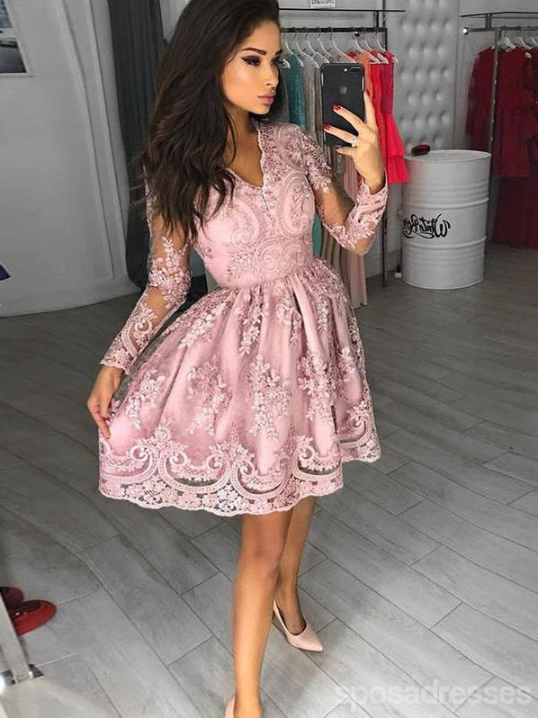 Pink Long Sleeves Lace Short Homecoming Dresses Online, CM608