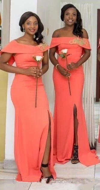 Orange Mermaid Off Shoulder Side Slit Cheap Long Bridesmaid Dresses Online,WG1174