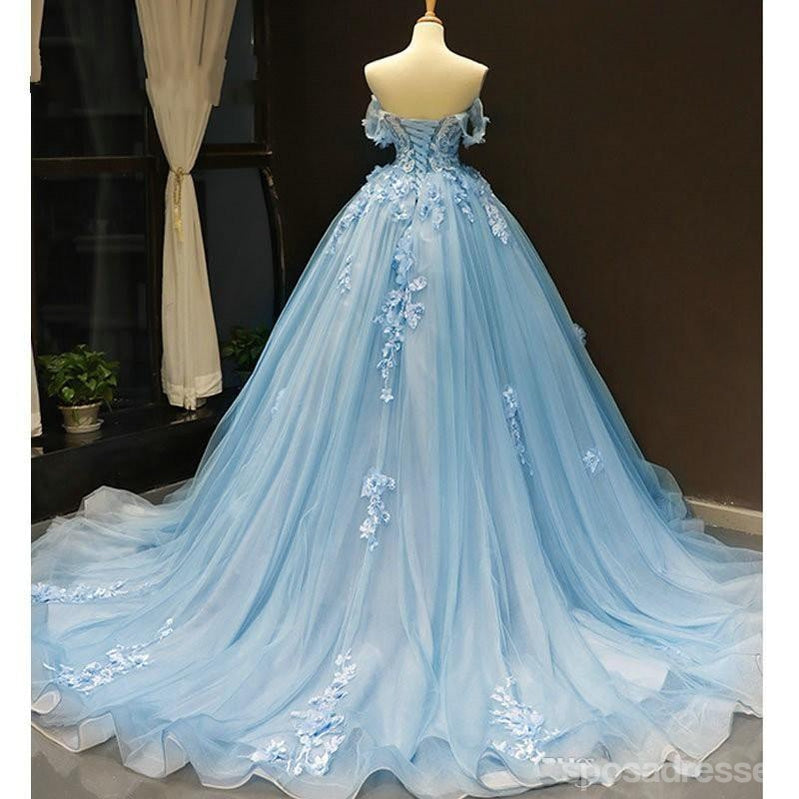 Floral Blue A-line Off Shoulder Long Prom Dresses Online, Dance Dresses,12702