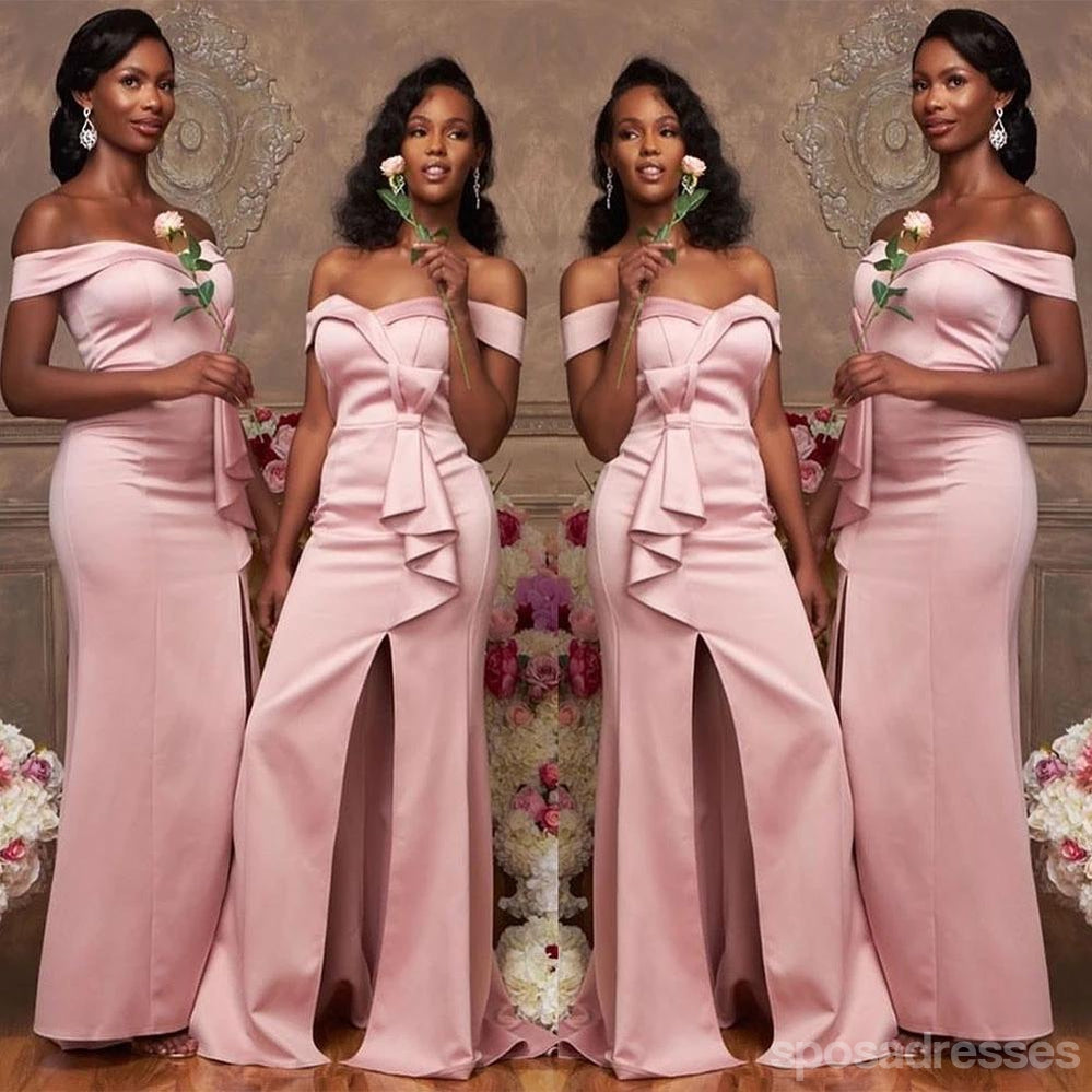 Pink Mermaid Off Shoulder Side Slit Cheap Long Bridesmaid Dresses Online,WG1170