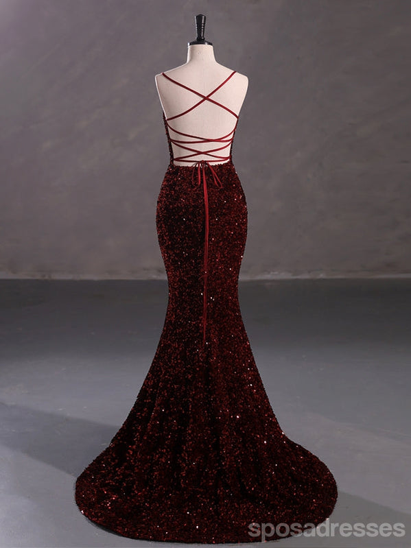 Burgundy Mermaid Spaghetti Straps Backless Cheap Prom Dresses,13057