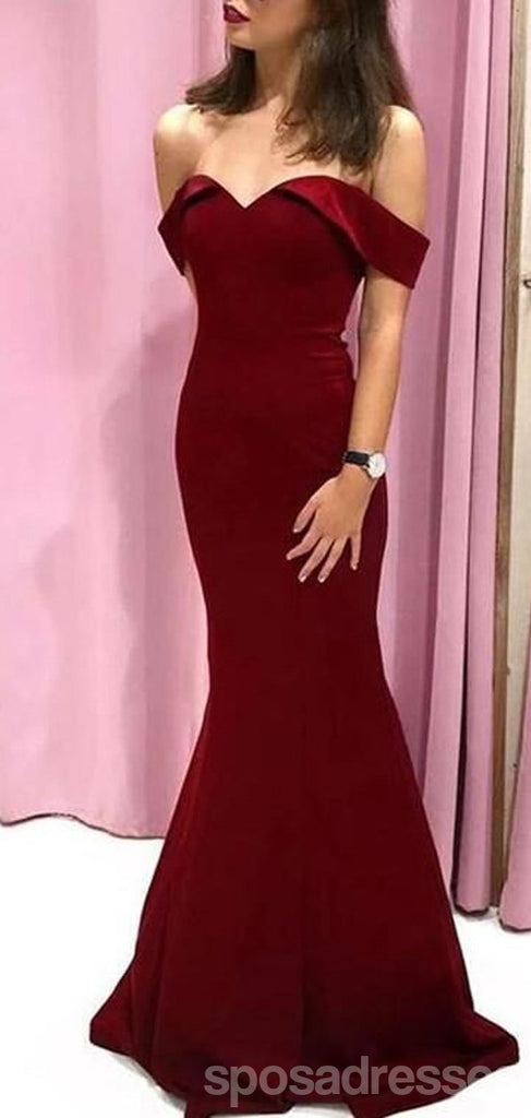 Simple Burgundy Mermaid Off Shoulder V-neck Cheap Long Prom Dresses Online,12588