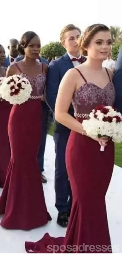 Sexy Burgundy Mermaid Spaghetti Straps Long Bridesmaid Dresses,WG1258