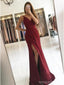 Simple Mermaid Burgundy Side Slit Spaghetti Straps Cheap Long Prom Dresses Online,12583