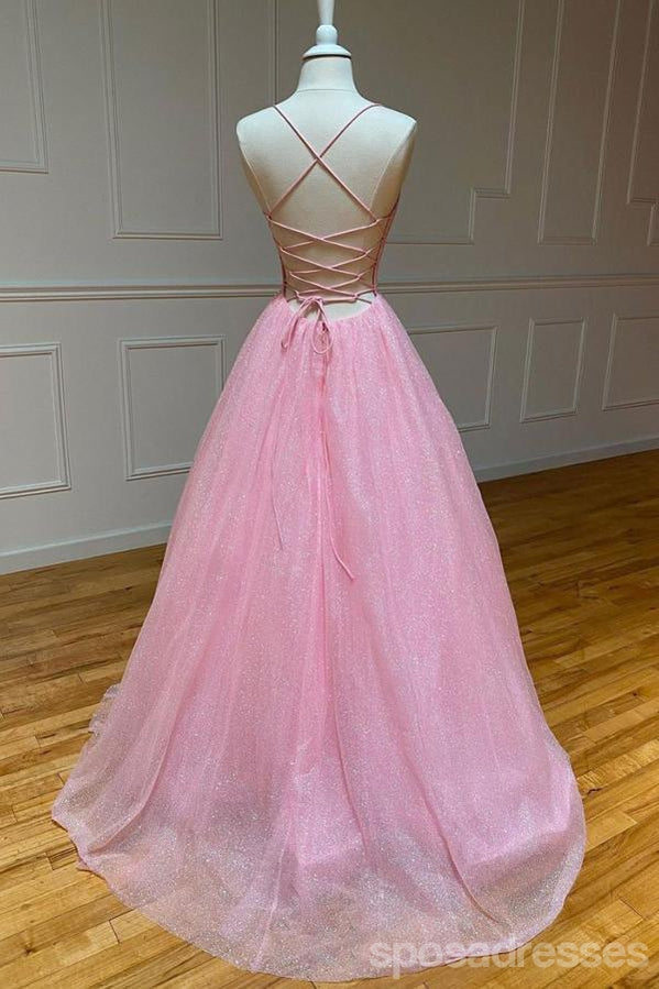 Sparkly Pink A-line Spaghetti Straps V-neck Backless Long Prom Dresses Online,12727