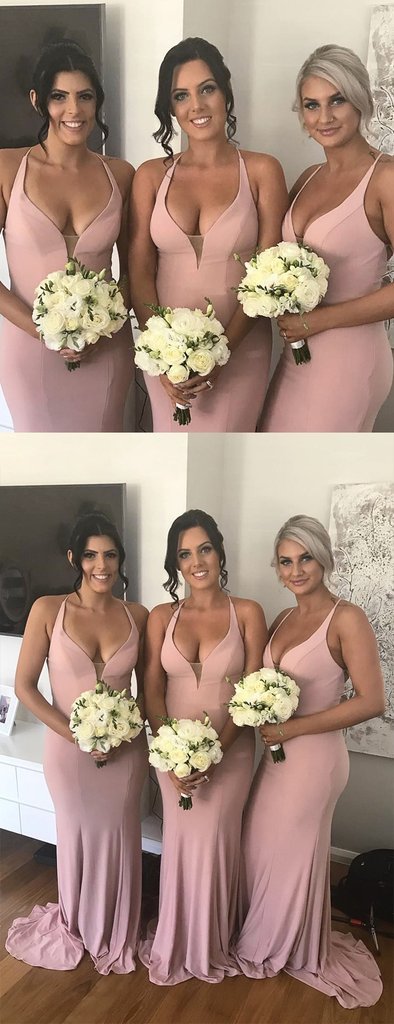 Halter Pale Pink Mermaid Floor Length Cheap Bridesmaid Dresses Online, WG562