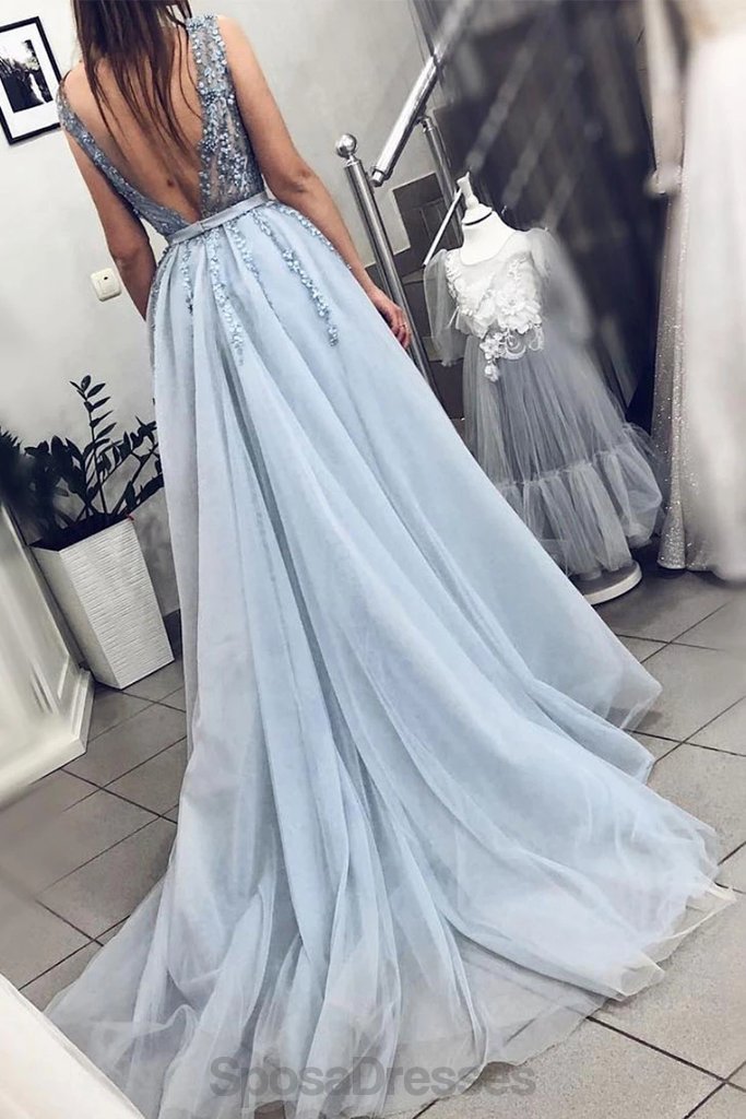 V Neck Light Blue Beaded Cheap Evening Prom Dresses, Evening Party Prom Dresses, 12166