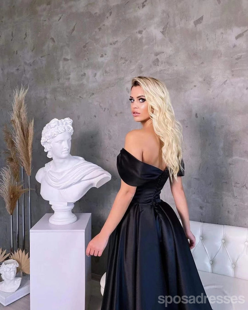 Simple Black A-line Off Shoulder Side Slit Long Prom Dresses Online,12786