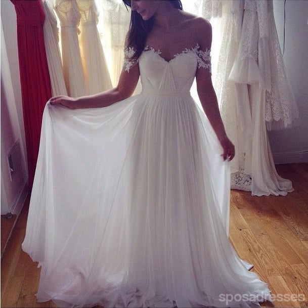 Off Shoulder Lace Sleeves Unique Casual Cheap Beach Wedding Dresses, WD313