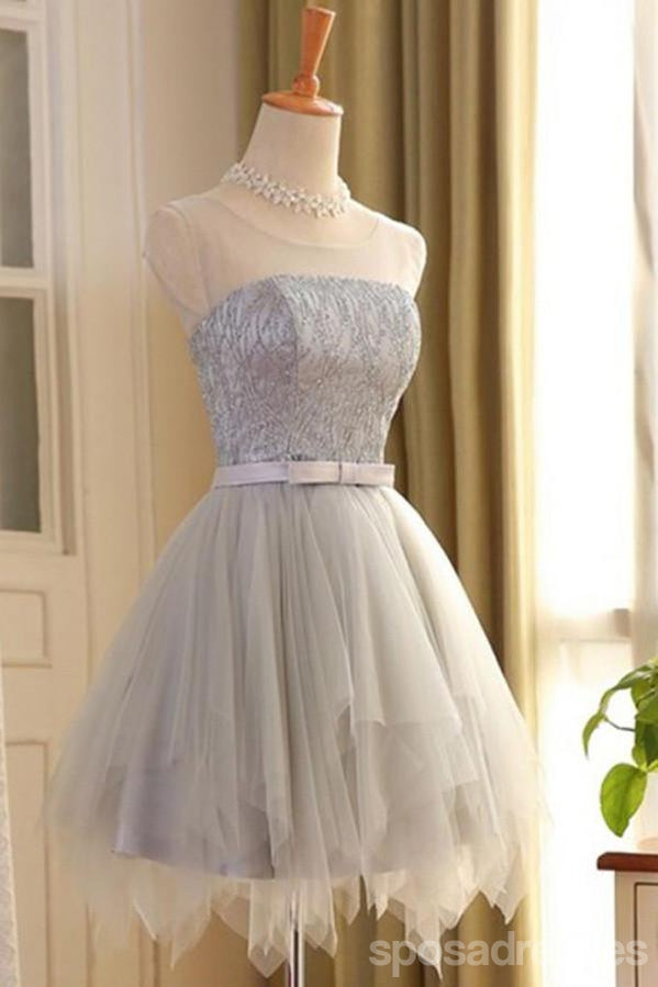 Grey Scoop Neck Lace Beaded Homecoming Dresses 2018, CM417