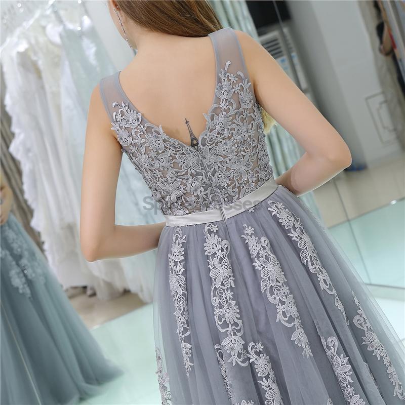 V Neck Grey Tulle A-line Evening Prom Dresses, Evening Party Prom Dresses, 12108