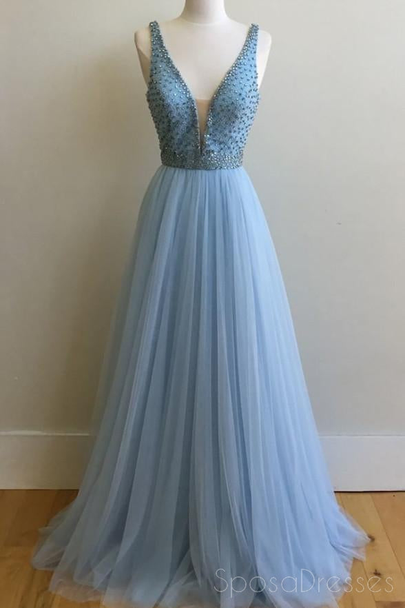 Light Blue V Neck Beaded A-line Long Evening Prom Dresses, 17642