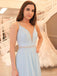 Pale Blue Sexy Backless V Neck Spaghetti Straps Long Evening Prom Dresses, 17650