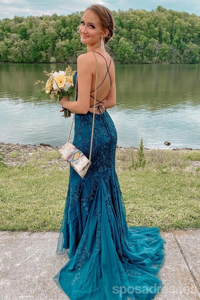 Teal Mermaid Spaghetti Straps Backless Cheap Long Prom Dresses,12849