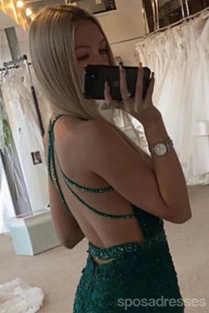 Emerald Green Mermaid Spaghetti Straps V-neck Cheap Long Prom Dresses,12862