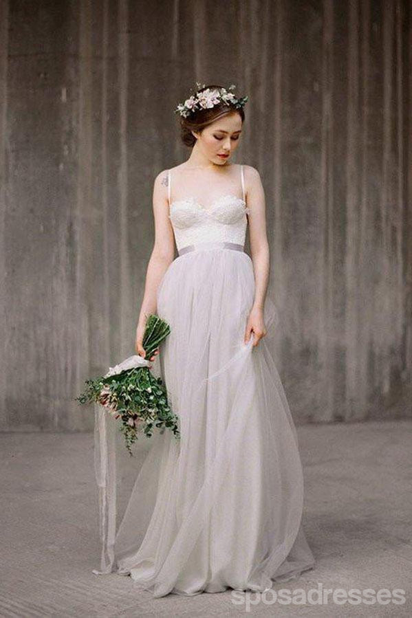 Simple Illusion Spahgetti Straps Tulle A-line Wedding Dresses Online, WD369