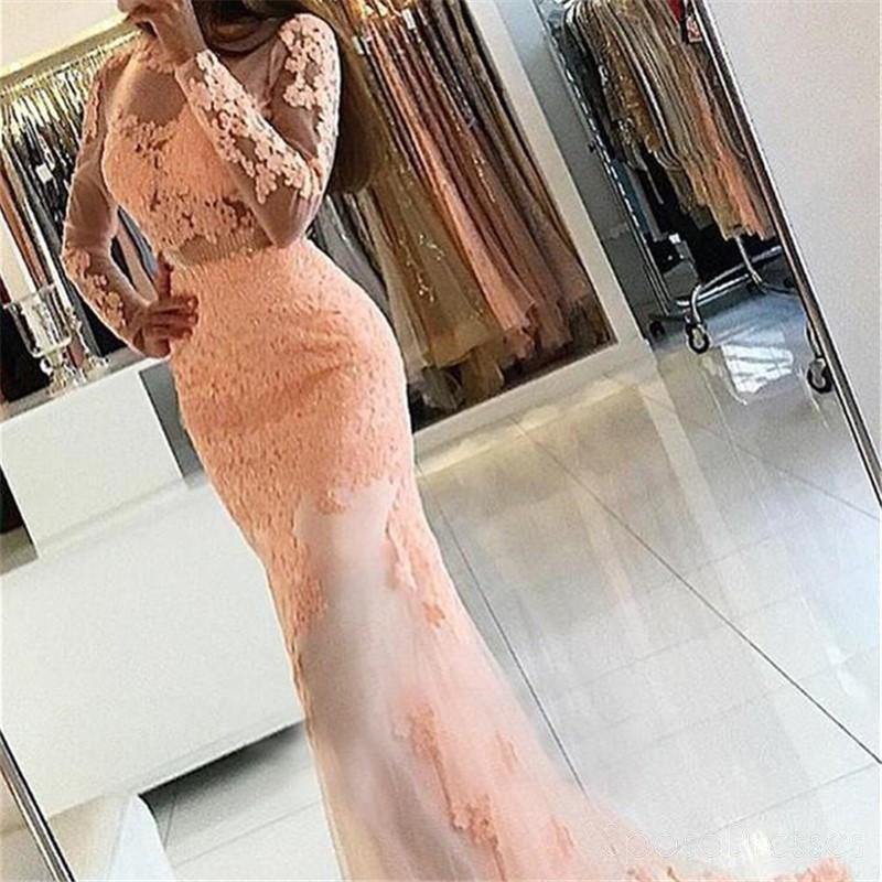 Sexy Long Sleeve Backless See Through Peach Lace Beaded Long Evening Prom Dresses, 17307