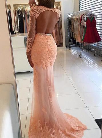 Sexy Long Sleeve Backless See Through Peach Lace Beaded Long Evening Prom Dresses, 17307