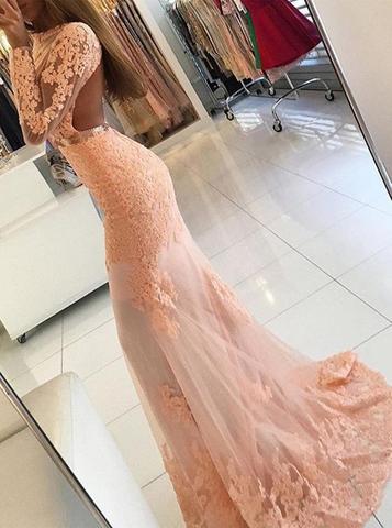Sexy Long Sleeve Backless See Through Peach Lace Beaded Long Evening Prom Dresses, 17307