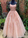 Peach Lace A-line Spaghetti Straps Cheap Long Prom Dresses Online,12807