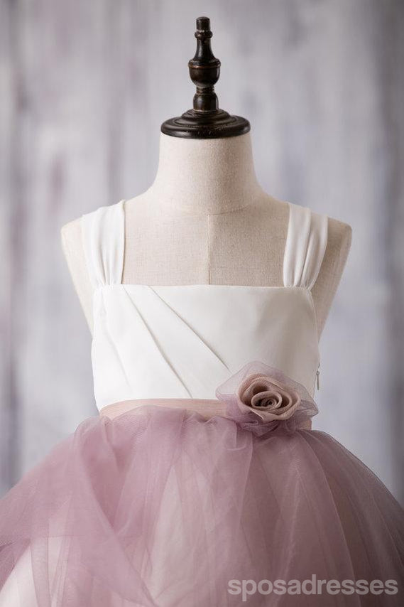 Newest Arrival Strap White Top Dusty Rose Tulle Cute Flower Girl Dresses, FG012