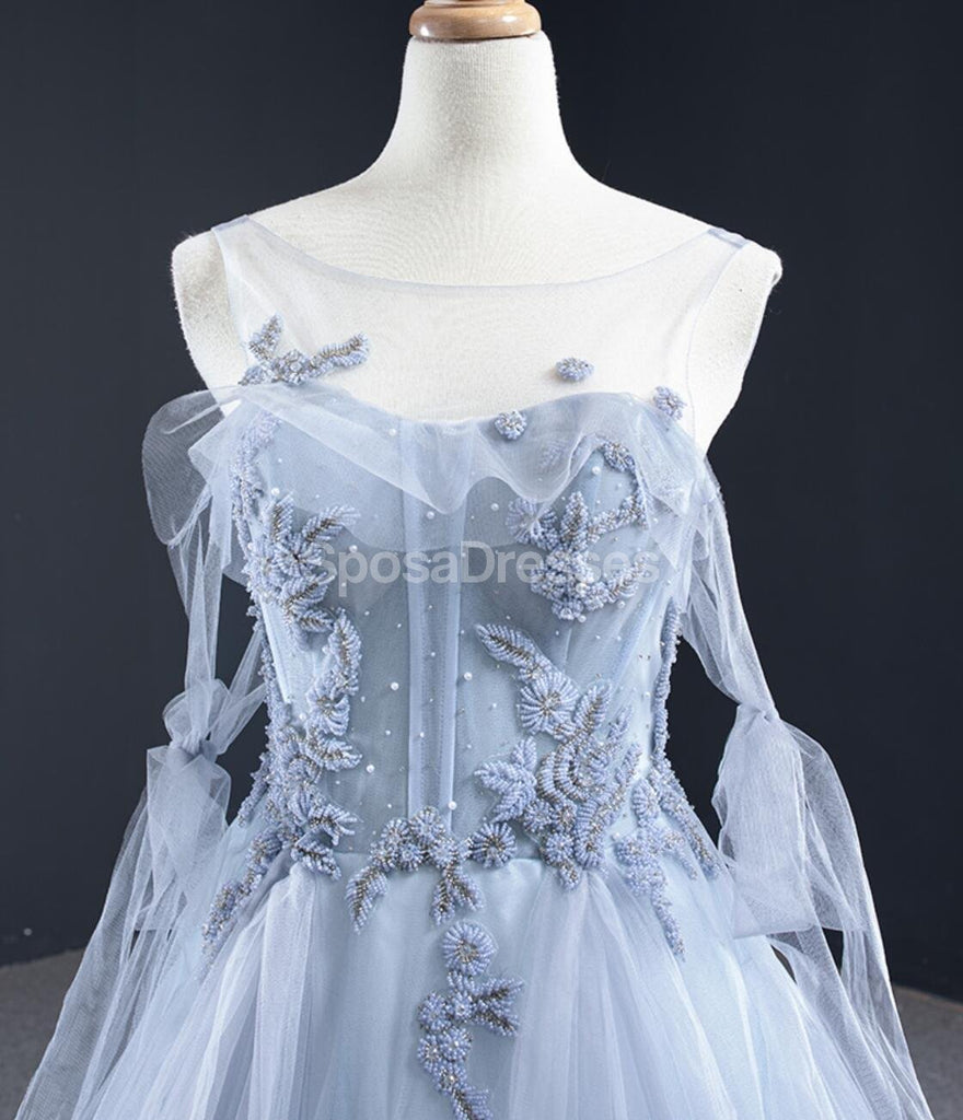 Scoop Grey Beaded Long Evening Prom Dresses, Evening Party Prom Dresses, 12252