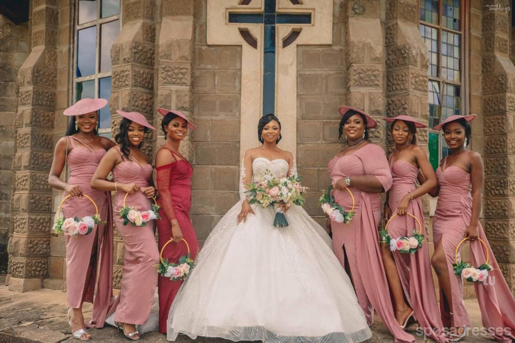 Mismatched Pink Mermaid High Slit Cheap Long Bridesmaid Dresses,WG1391