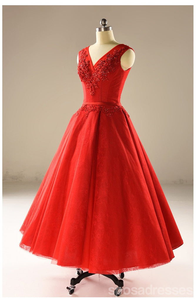 Red A line Tulle Wedding Dresses,  2017 Corset back Tea Length Custom Wedding Gowns, Affordable Bridal Dresses, 18002