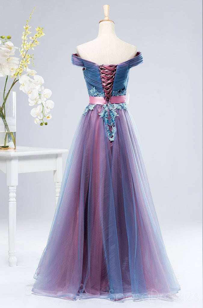 Off Shoulder Blue & Pink Tulle A-line Long Evening Prom Dresses, 17627