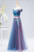 Off Shoulder Blue & Pink Tulle A-line Long Evening Prom Dresses, 17627