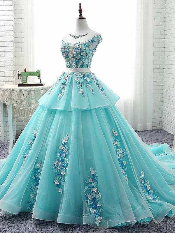 Scoop Cap Sleeves Tiffany Blue Lace Long Evening Prom Dresses, Cheap Custom Sweet 16 Dresses, 18522