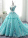 Scoop Cap Sleeves Tiffany Blue Lace Long Evening Prom Dresses, Cheap Custom Sweet 16 Dresses, 18522