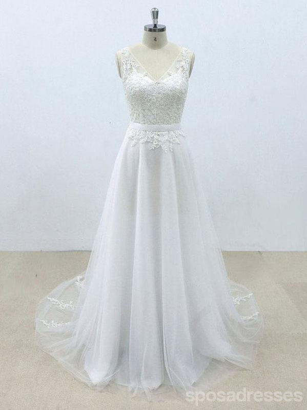 Simple V Neck Tulle Skirt Lace A-line Wedding Dresses Online, WD394