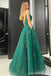 Emerald Green A-line Spaghetti Straps V-neck Cheap Long Prom Dresses,12857