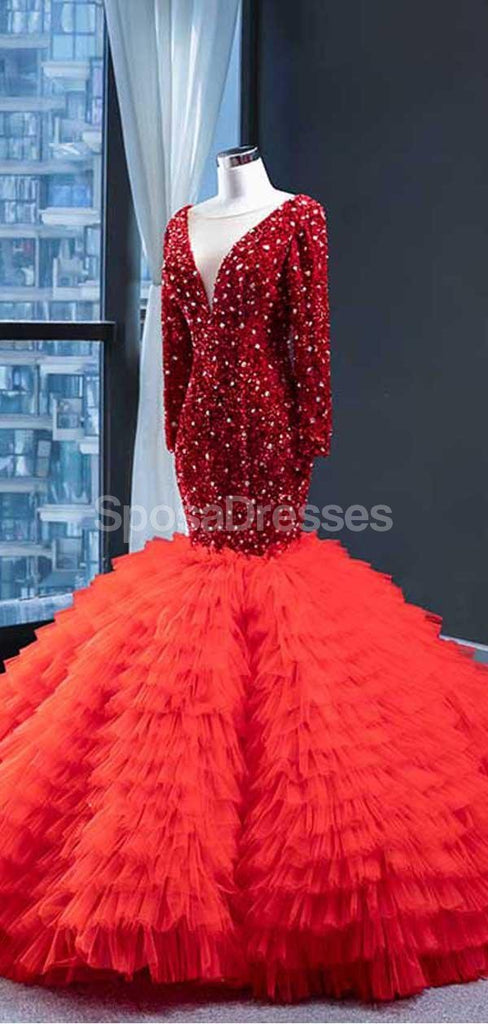 Red Long Sleeves Ruffles Mermaid Evening Prom Dresses, Evening Party Prom Dresses, 12236
