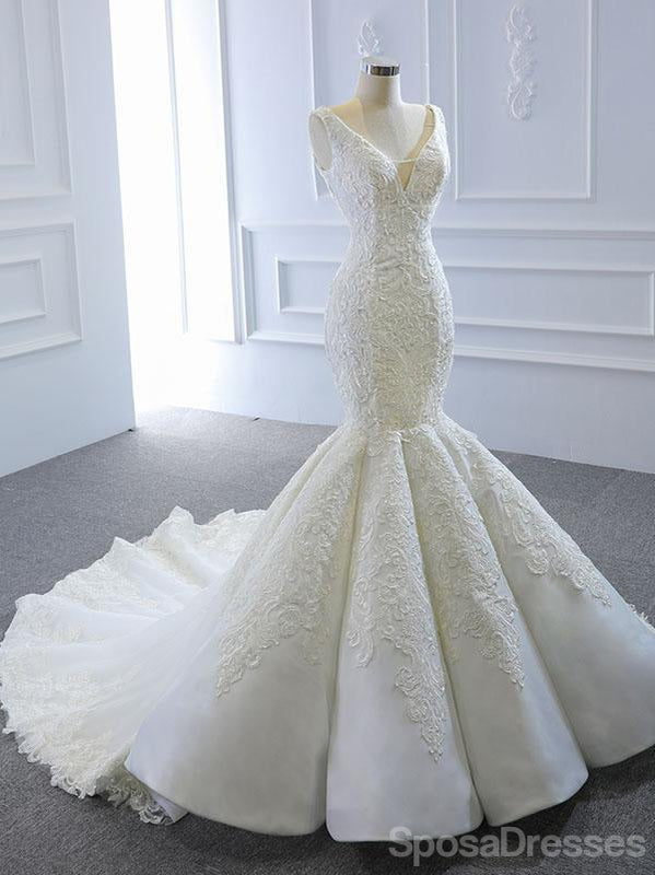 V Neck Lace Mermaid Wedding Dresses, Cheap Wedding Gown, WD716