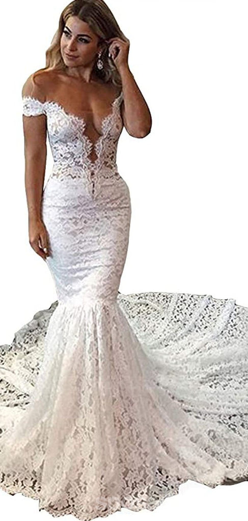 Mermaid Off The Shoulder Lace Wedding Dresses, Cheap Wedding Gown, WD727