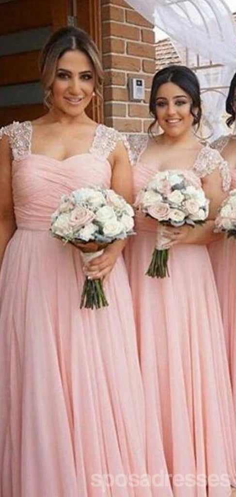 Pink A-line Cap Sleeves Chiffon Long Bridesmaid Dresses Online, WG803