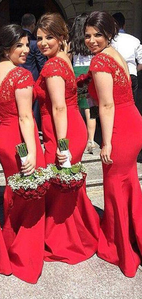 Mermaid Cap Sleeves Lace Red Cheap Bridesmaid Dresses Online, WG831